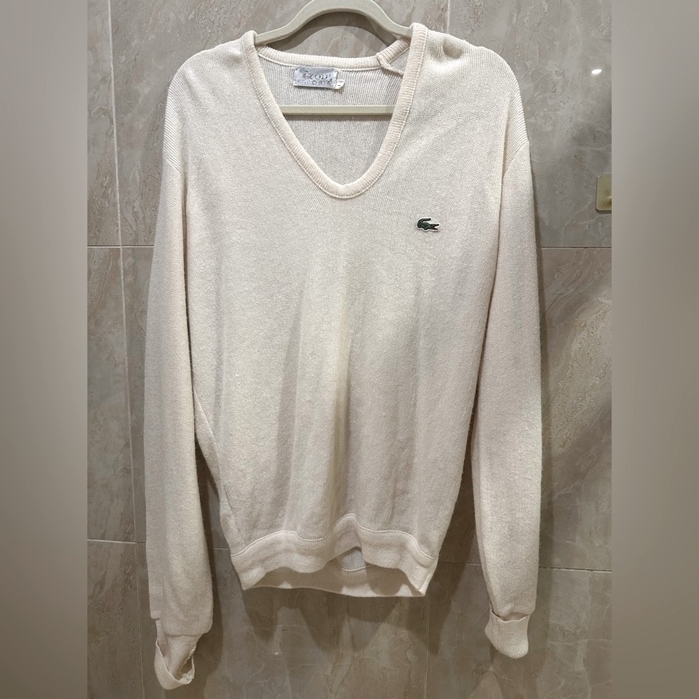 Vintage Lacoste Cream V-Neck Sweater SZ L